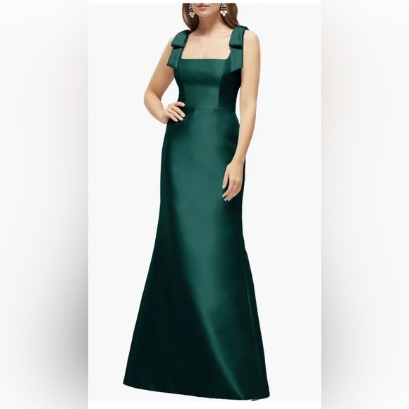 ALFRED SUNG Dresses & Skirts - New Alfred Sung Bow Strap Satin Twill Trumpet Gown Green Maxi Dress Size 16R